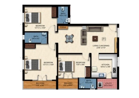 Floor plan of 3 BHK 1343 Sq. Ft. Apartment in Green Amaravathi, Chennai