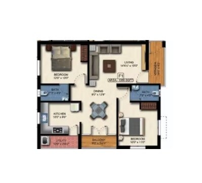 Floor plan of 2 BHK 1069 Sq. Ft. Apartment in Green Deepam, Chennai
