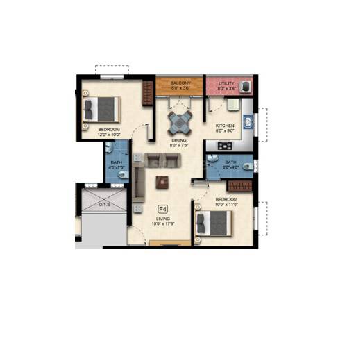 Floor plan of 2 BHK 934 Sq. Ft. Apartment in Green Kubera, Chennai