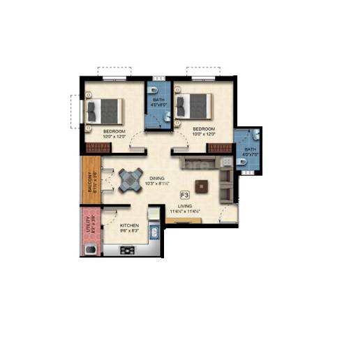 Floor plan of 2 BHK 963 Sq. Ft. Apartment in Green Kubera, Chennai