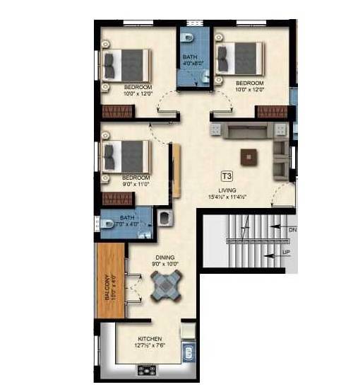 Floor plan of 3 BHK 1231 Sq. Ft. Apartment in Green Kubera, Chennai