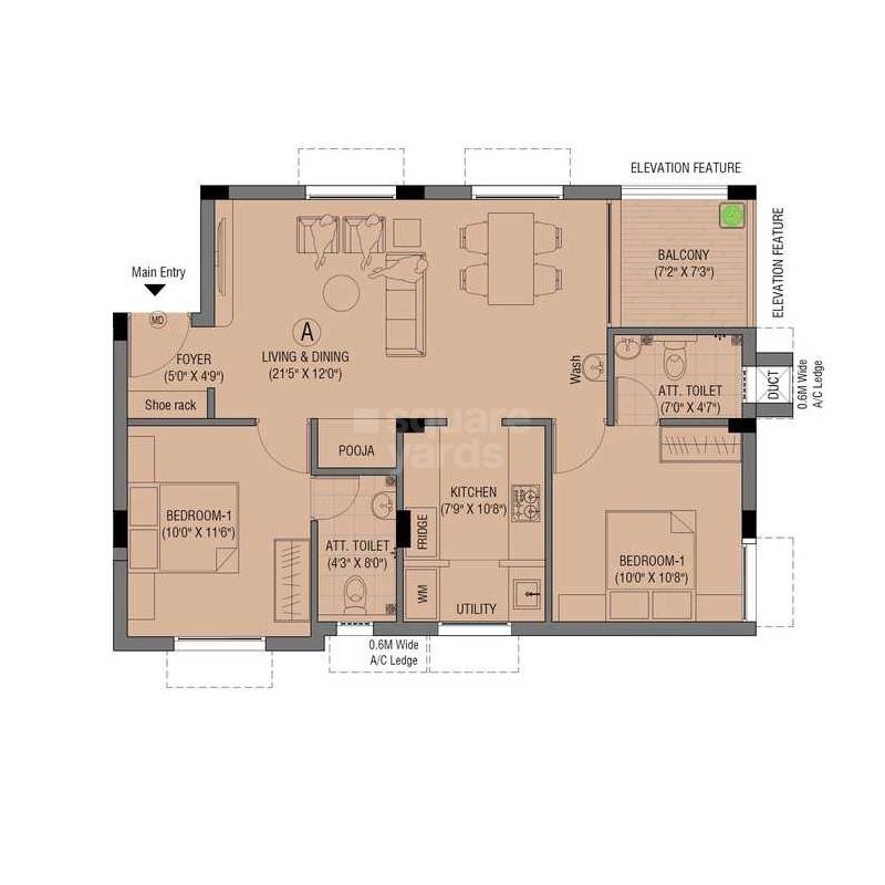 Floor plan of 2 BHK 578 Sq. Ft. Apartment in Greenpro Maithree Apartments, Chennai
