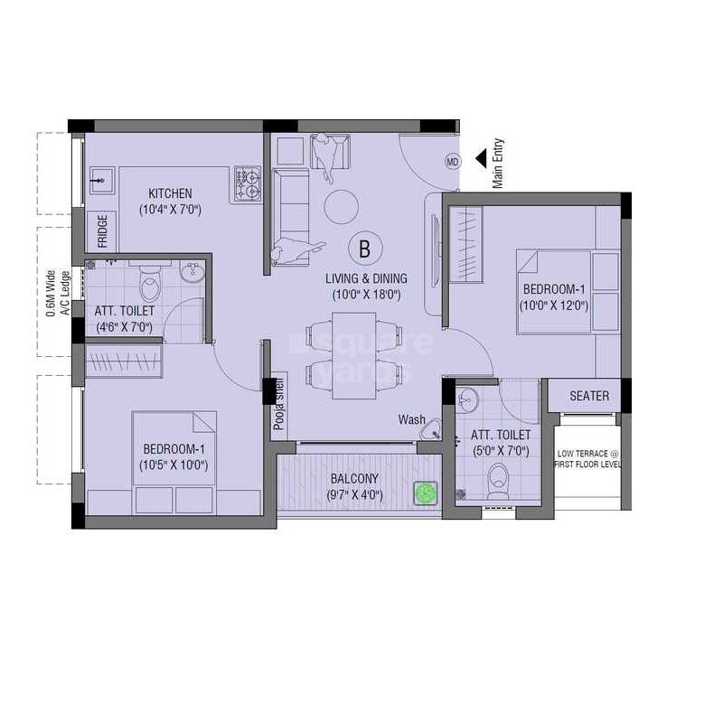 Floor plan of 2 BHK 701 Sq. Ft. Apartment in Greenpro Maithree Apartments, Chennai