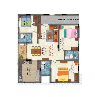 Floor plan of 3 BHK 1500 Sq. Ft. Apartment in GVSPL Mahameru, Chennai