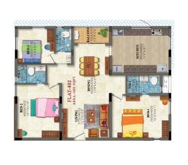 Floor plan of 3 BHK 1695 Sq. Ft. Apartment in GVSPL Mahameru, Chennai