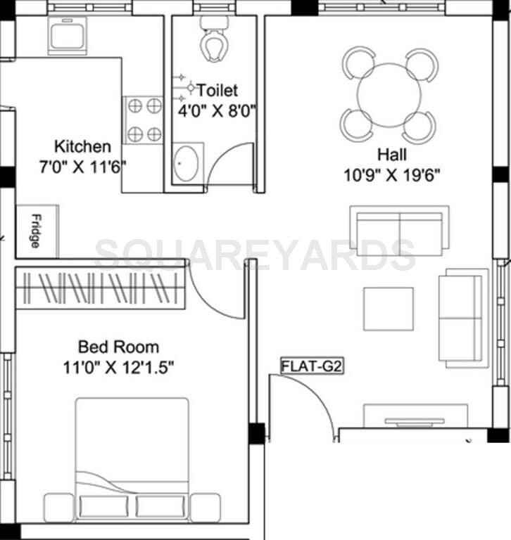 Floor plan of 1 BHK 689 Sq. Ft. Apartment in Haddy Homes Harmony, Chennai