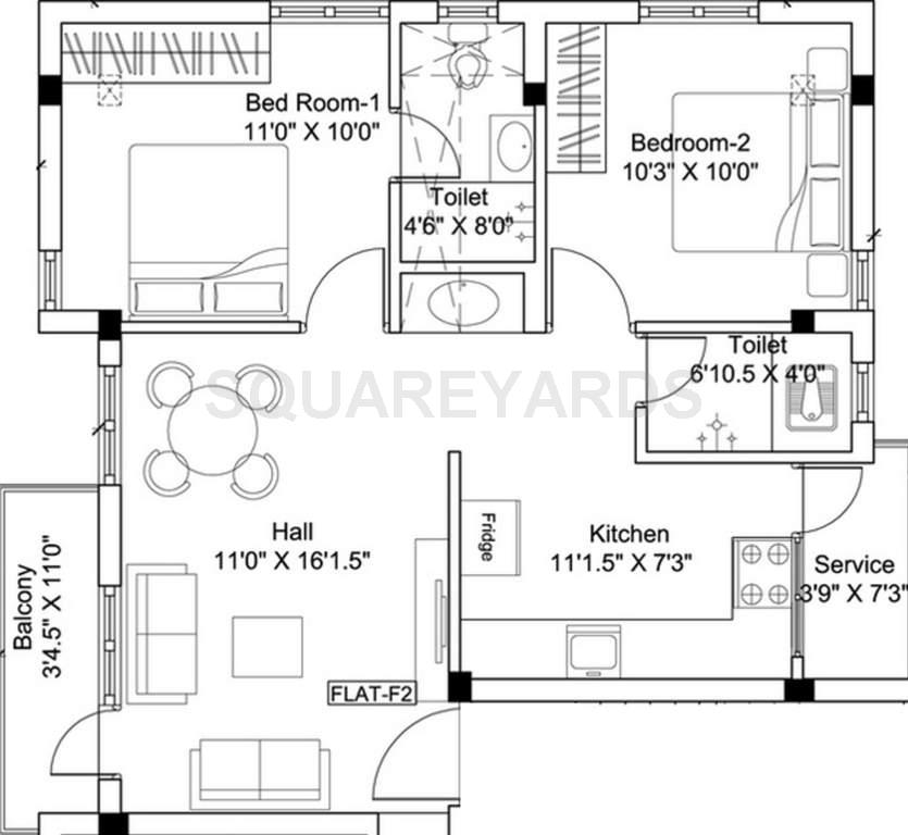 Floor plan of 2 BHK 924 Sq. Ft. Apartment in Haddy Homes Harmony, Chennai