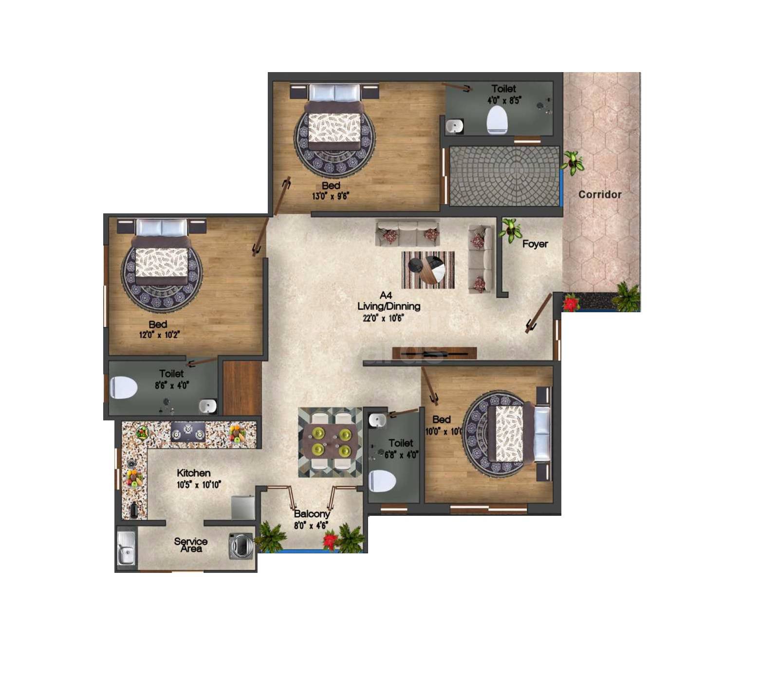 Floor plan of 2 BHK 635 Sq. Ft. Apartment in Hanu Aishwaryam, Chennai