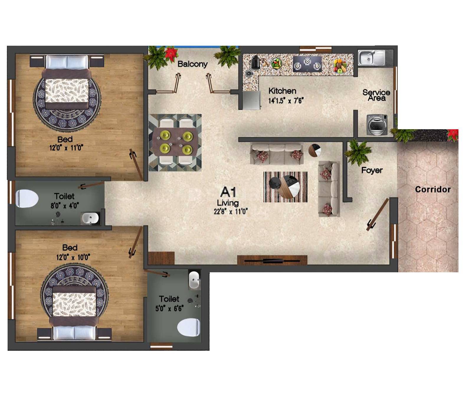 Floor plan of 2 BHK 711 Sq. Ft. Apartment in Hanu Aishwaryam, Chennai