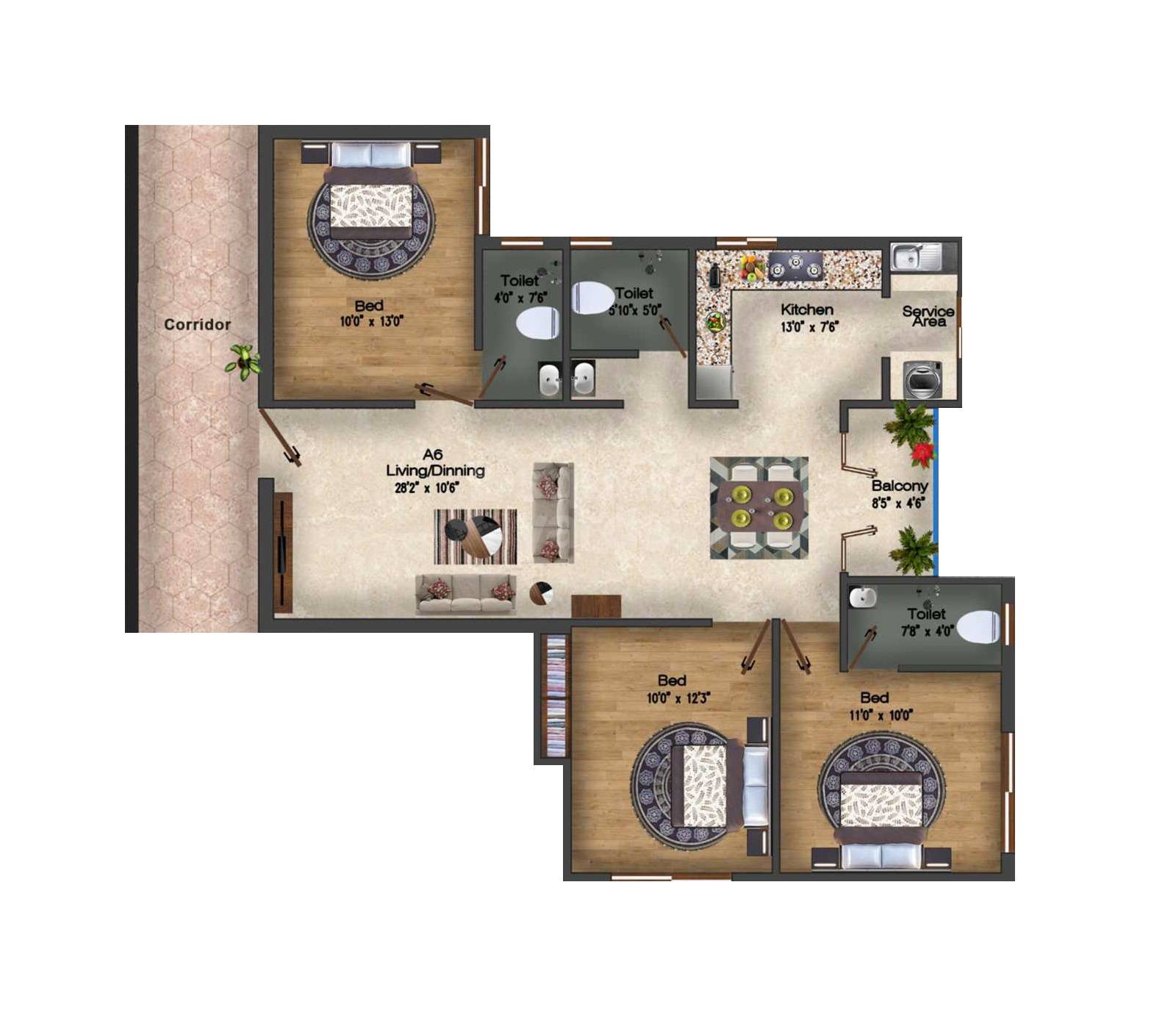 Floor plan of 3 BHK 850 Sq. Ft. Apartment in Hanu Aishwaryam, Chennai