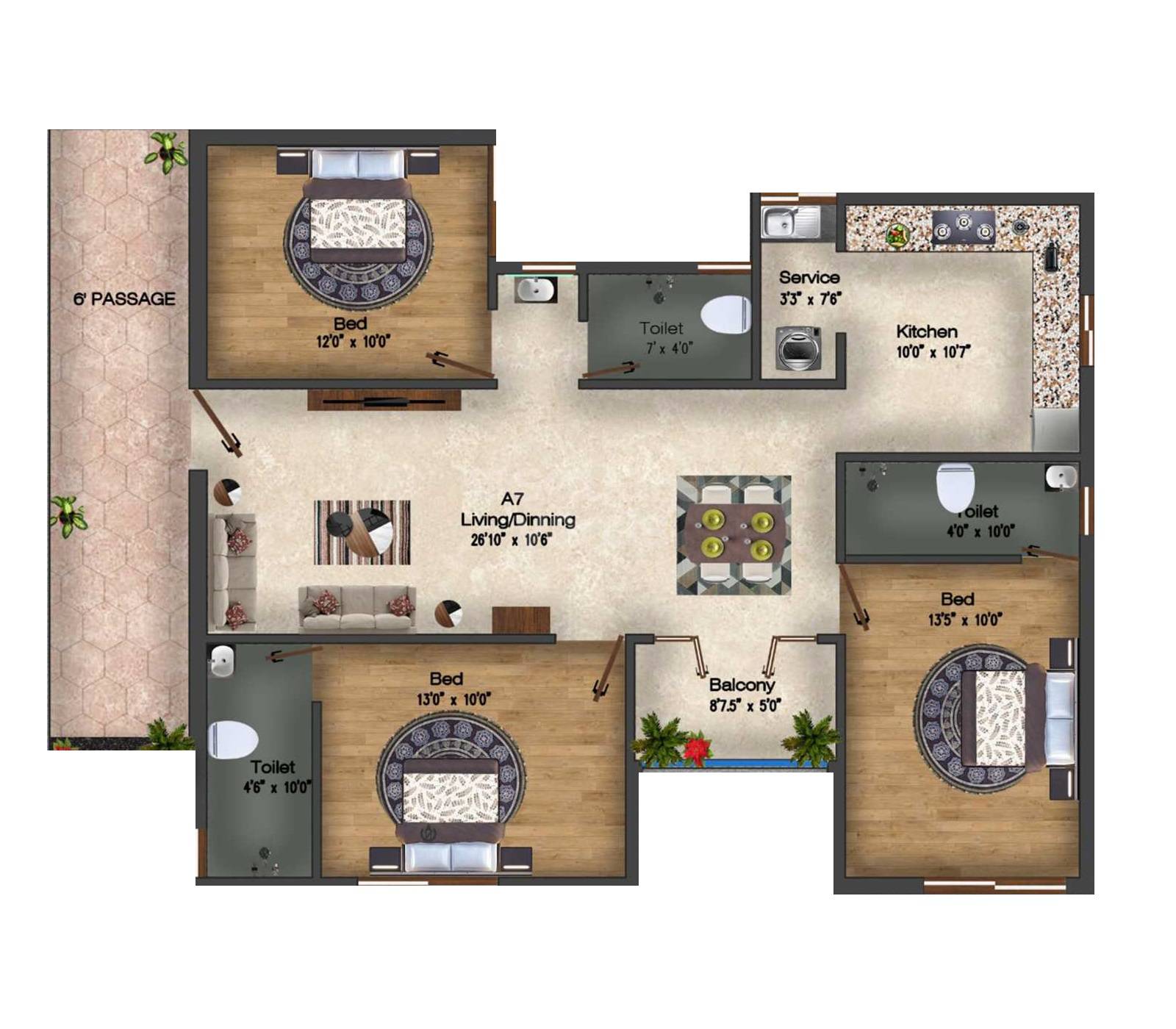 Floor plan of 3 BHK 932 Sq. Ft. Apartment in Hanu Aishwaryam, Chennai