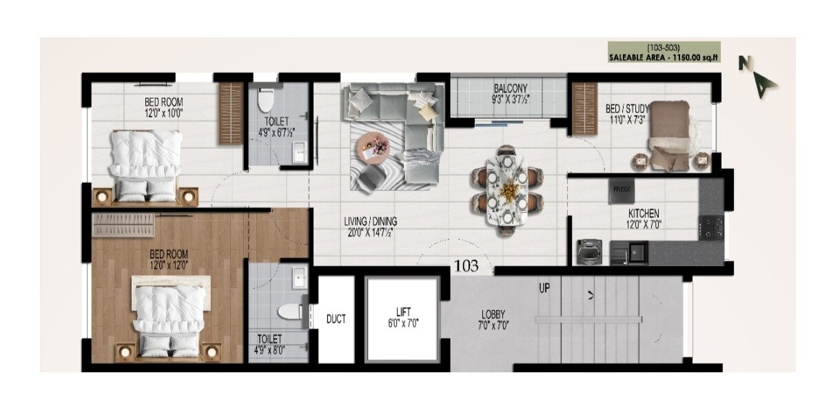 3 BHK 1150 Sq. Ft. Apartment