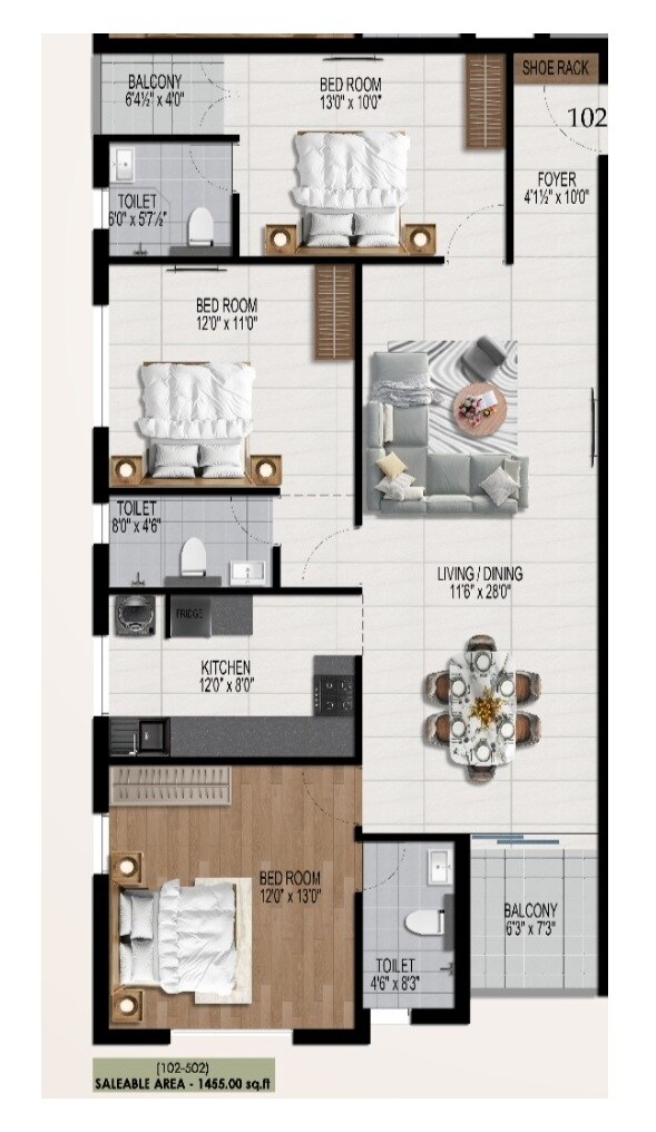 3 BHK 1455 Sq. Ft. Apartment