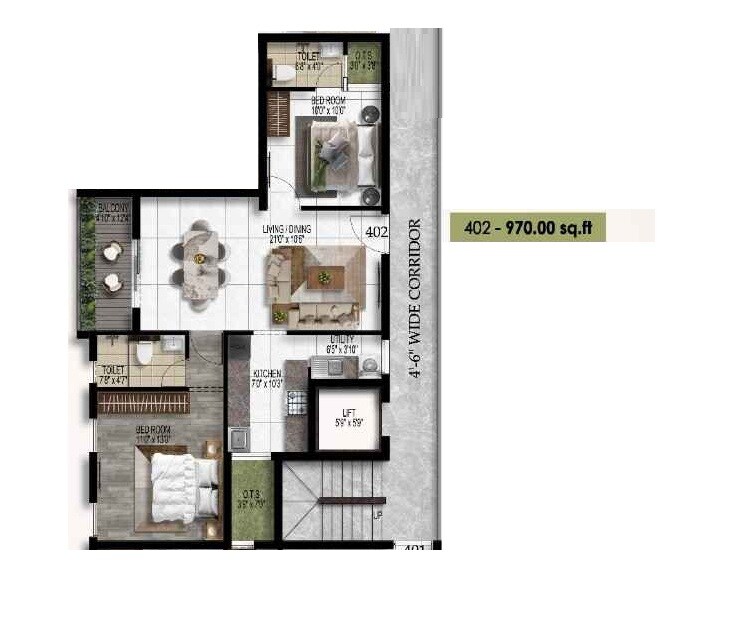 Floor plan of 2 BHK 970 Sq. Ft. Apartment in Harmony Navrang, Chennai