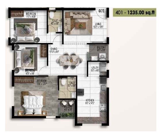 3 BHK 1235 Sq. Ft. Apartment