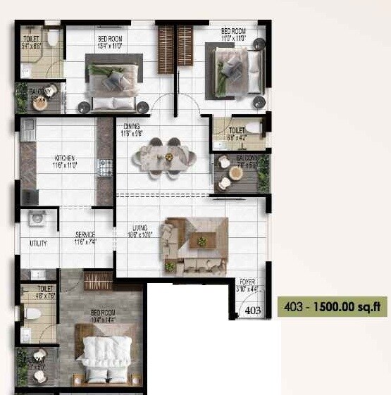 Floor plan of 3 BHK 1500 Sq. Ft. Apartment in Harmony Navrang, Chennai