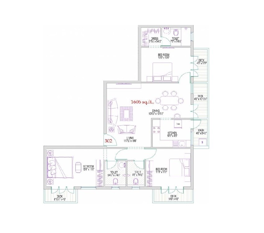 Floor plan of 3 BHK 1606 Sq. Ft. Apartment in Harmony Saraswati, Chennai