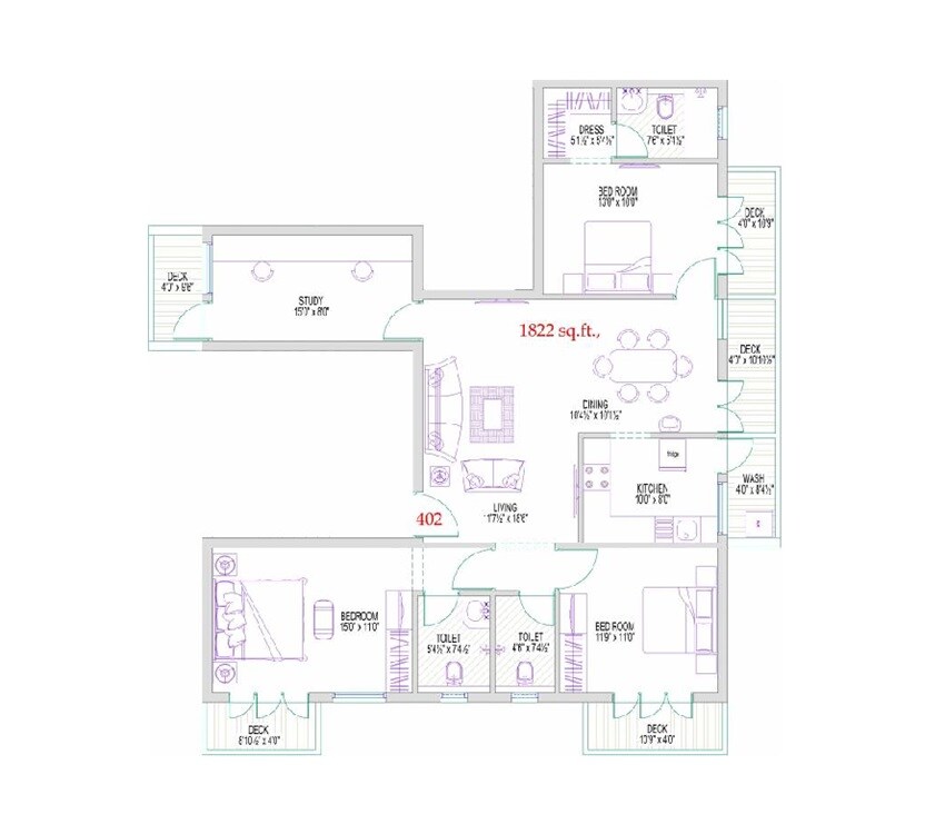 Floor plan of 3 BHK 1822 Sq. Ft. Apartment in Harmony Saraswati, Chennai