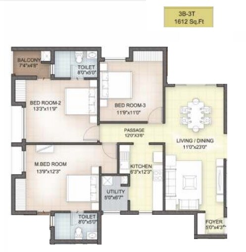 Floor plan of 3 BHK 1612 Sq. Ft. Apartment in Hazel, Chennai
