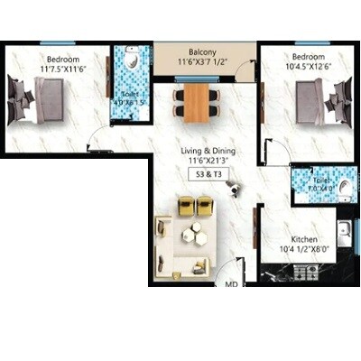 Floor plan of 2 BHK 728 Sq. Ft. Apartment in Hemalakshmi Jana Palace, Chennai