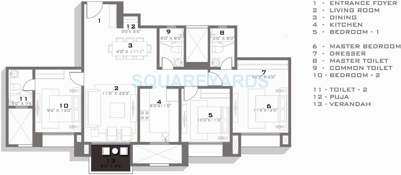 Floor plan of 3 BHK 1061 Sq. Ft. Apartment in Hiranandani Amalfi, Chennai