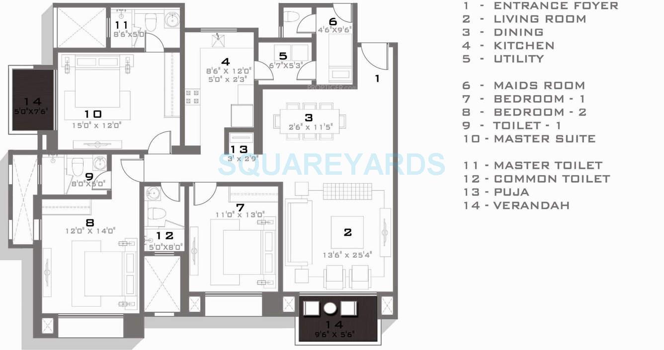 Floor plan of 3 BHK 1595 Sq. Ft. Apartment in Hiranandani Amalfi, Chennai