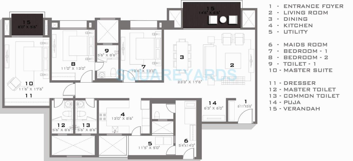 Floor plan of 3 BHK 1378 Sq. Ft. Apartment in Hiranandani Amalfi, Chennai