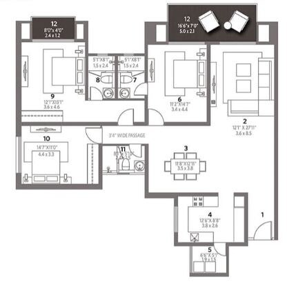 Floor plan of 3 BHK 1254 Sq. Ft. Apartment in Hiranandani Anchorage, Chennai