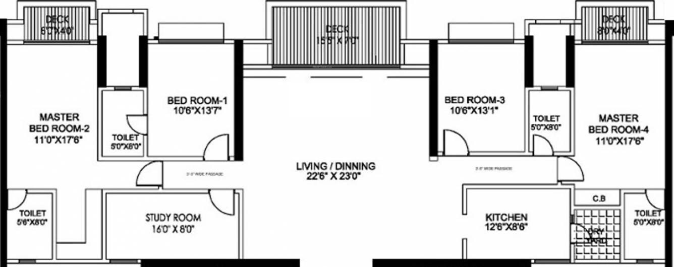 Floor plan of 4 BHK 2017 Sq. Ft. Apartment in Hiranandani Anchorage, Chennai