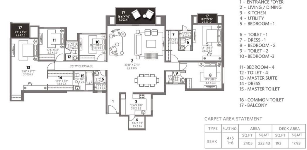 Floor plan of 5 BHK 2405 Sq. Ft. Apartment in Hiranandani Anchorage, Chennai