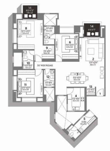 Floor plan of 3 BHK 1399 Sq. Ft. Apartment in Hiranandani Bayview, Chennai