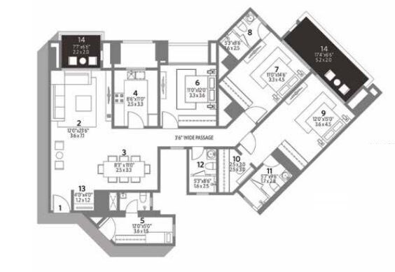 Floor plan of 3 BHK 1454 Sq. Ft. Apartment in Hiranandani Bayview, Chennai
