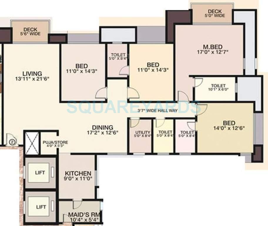 Floor plan of 4 BHK 2451 Sq. Ft. Apartment in Hiranandani Birchwood, Chennai