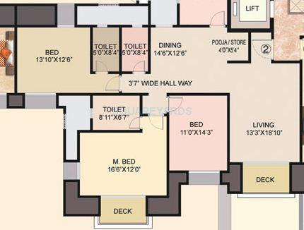 Floor plan of 3 BHK 1960 Sq. Ft. Apartment in Hiranandani Bridgewood, Chennai