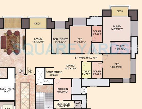 Floor plan of 3 BHK 2220 Sq. Ft. Apartment in Hiranandani Bridgewood, Chennai