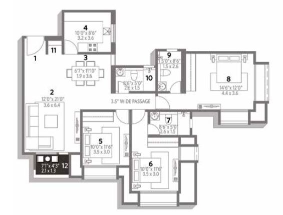Floor plan of 3 BHK 1108 Sq. Ft. Apartment in Hiranandani Edina, Chennai