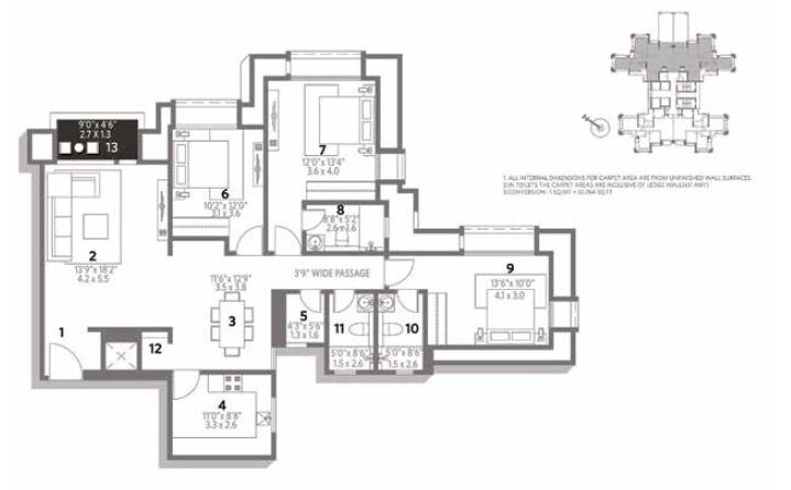 Floor plan of 3 BHK 1289 Sq. Ft. Apartment in Hiranandani Edina, Chennai