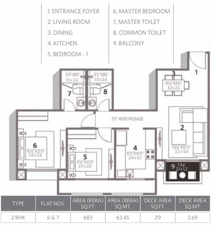 Floor plan of 2 BHK 683 Sq. Ft. Apartment in Hiranandani Egattur OMR, Chennai