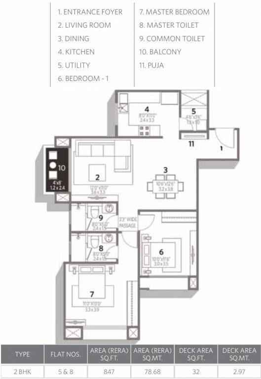 Floor plan of 2 BHK 847 Sq. Ft. Apartment in Hiranandani Egattur OMR, Chennai