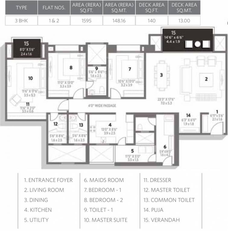 Floor plan of 3 BHK 1595 Sq. Ft. Apartment in Hiranandani Egattur OMR, Chennai