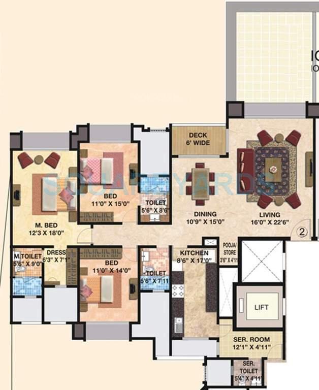 Floor plan of 3 BHK 2240 Sq. Ft. Apartment in Hiranandani Greenwood, Chennai
