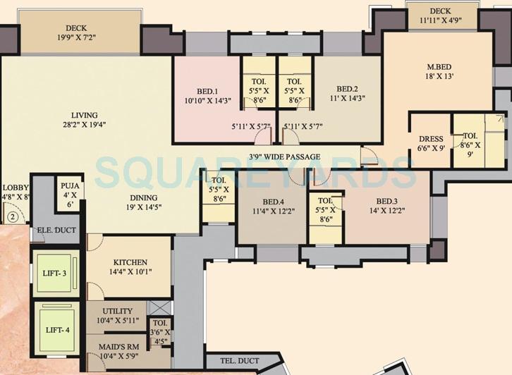Floor plan of 4 BHK 2330 Sq. Ft. Apartment in Hiranandani Oceanic, Chennai