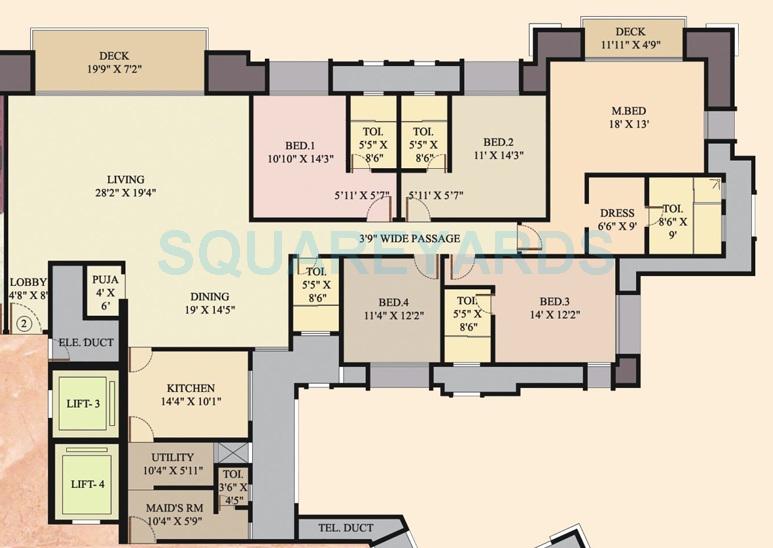Floor plan of 5 BHK 3487 Sq. Ft. Apartment in Hiranandani Oceanic, Chennai
