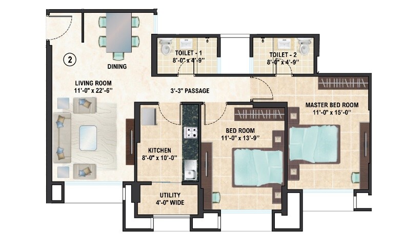 Floor plan of 2 BHK 1706 Sq. Ft. Apartment in Hiranandani Parks Apartments, Chennai