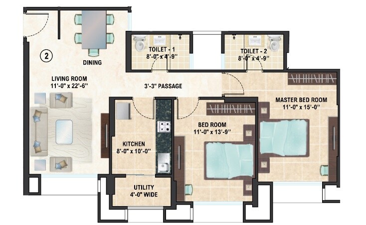 Floor plan of 2 BHK 1763 Sq. Ft. Apartment in Hiranandani Parks Apartments, Chennai