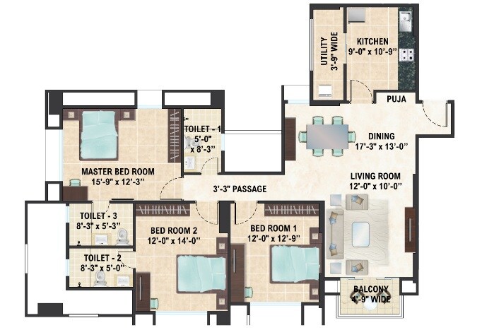 Floor plan of 3 BHK 1859 Sq. Ft. Apartment in Hiranandani Parks Apartments, Chennai