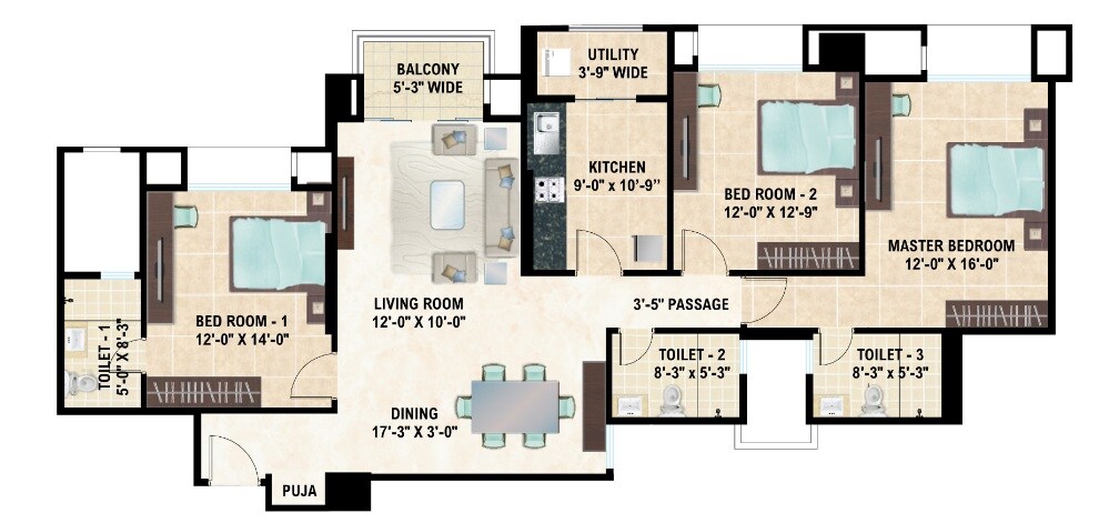 Floor plan of 3 BHK 1992 Sq. Ft. Apartment in Hiranandani Parks Apartments, Chennai