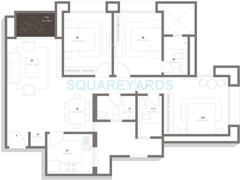 Floor plan of 3 BHK 1445 Sq. Ft. Apartment in Hiranandani Sinovia, Chennai