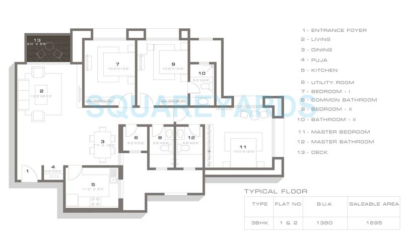 Floor plan of 3 BHK 1055 Sq. Ft. Apartment in Hiranandani Sinovia, Chennai