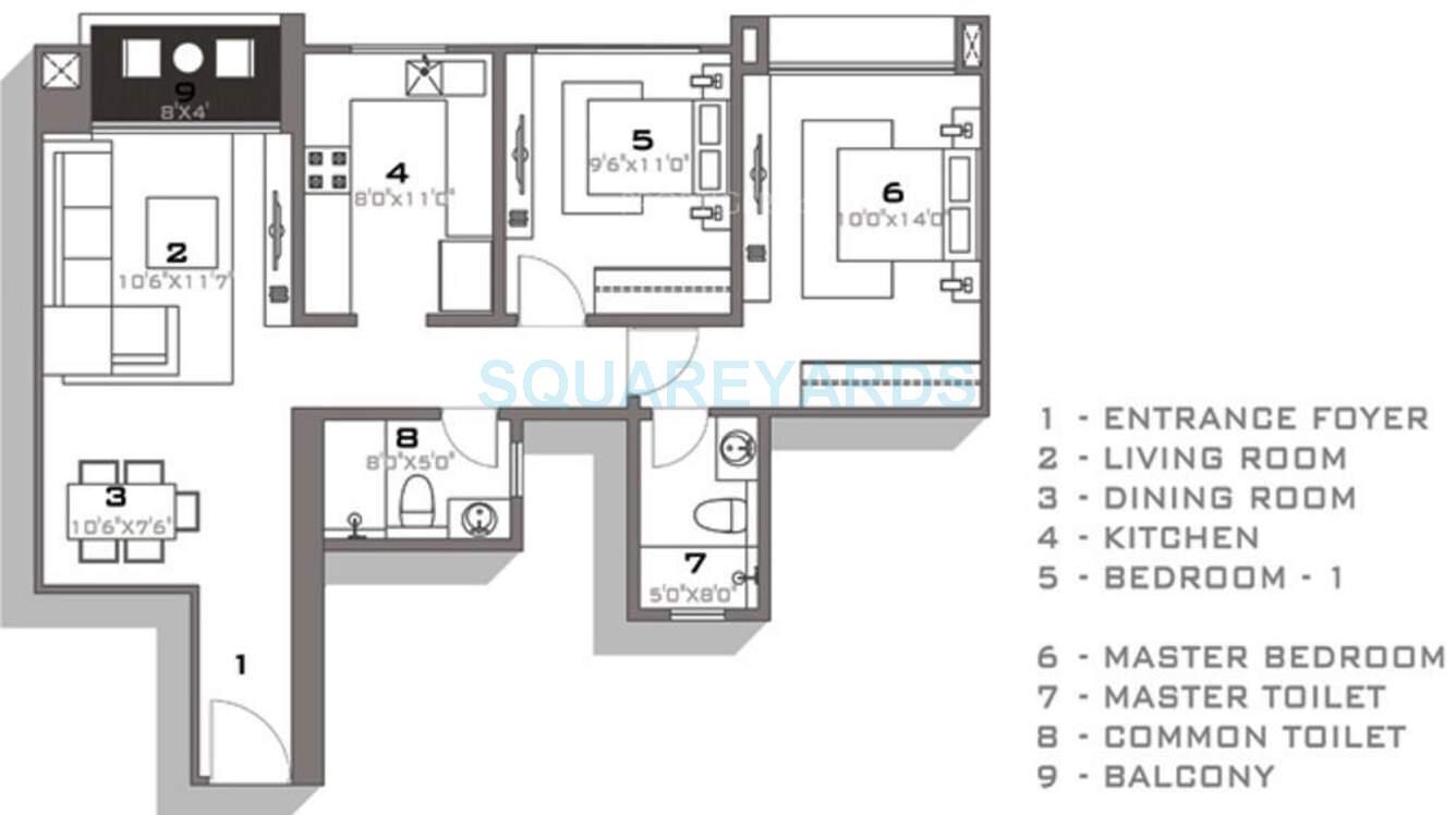 Floor plan of 2 BHK 1095 Sq. Ft. Apartment in Hiranandani Tiana, Chennai